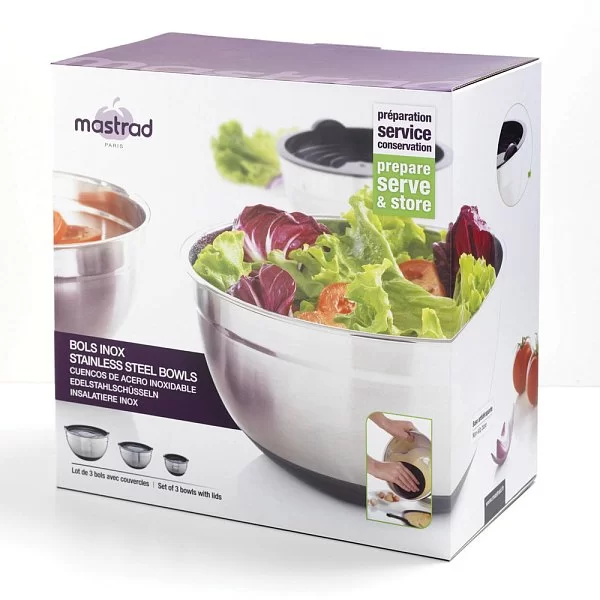 Набор из 3-х антискользящих мисок с крышками материал нержавеющая сталь + силикон, Mastrad, Франция, F29253 - изобр. 11