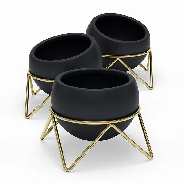 Набор из 3 горшков для растений на подставке Potsy материал каменная керамика + металл, цвет черный + латунь, Umbra, Канада, 1013191-1137 - изобр. 7