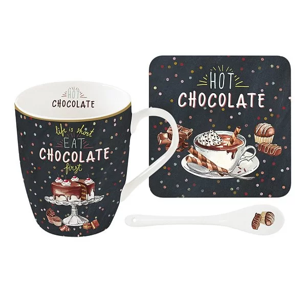Набор: кружка, ложка, подставка для кружки Hot Chocolate 300 мл цвет черный, материал фарфор, Easy Life, Италия, EL-R1045_HOCH - изобр. 9