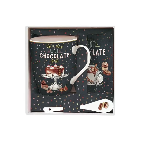 Набор: кружка, ложка, подставка для кружки Hot Chocolate 300 мл цвет черный, материал фарфор, Easy Life, Италия, EL-R1045_HOCH - изобр. 10