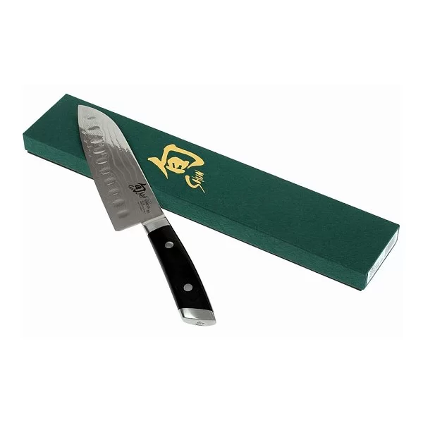 Нож кухонный поварской Hollow-Ground Santoku длина лезвия 17,7 см, порошковая сталь SG2 в обкладах из дамаска, Kai, Япония, KDM-0004 - изобр. 11